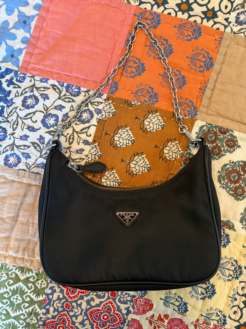 Prada black nylon shoulder bag with silver chain